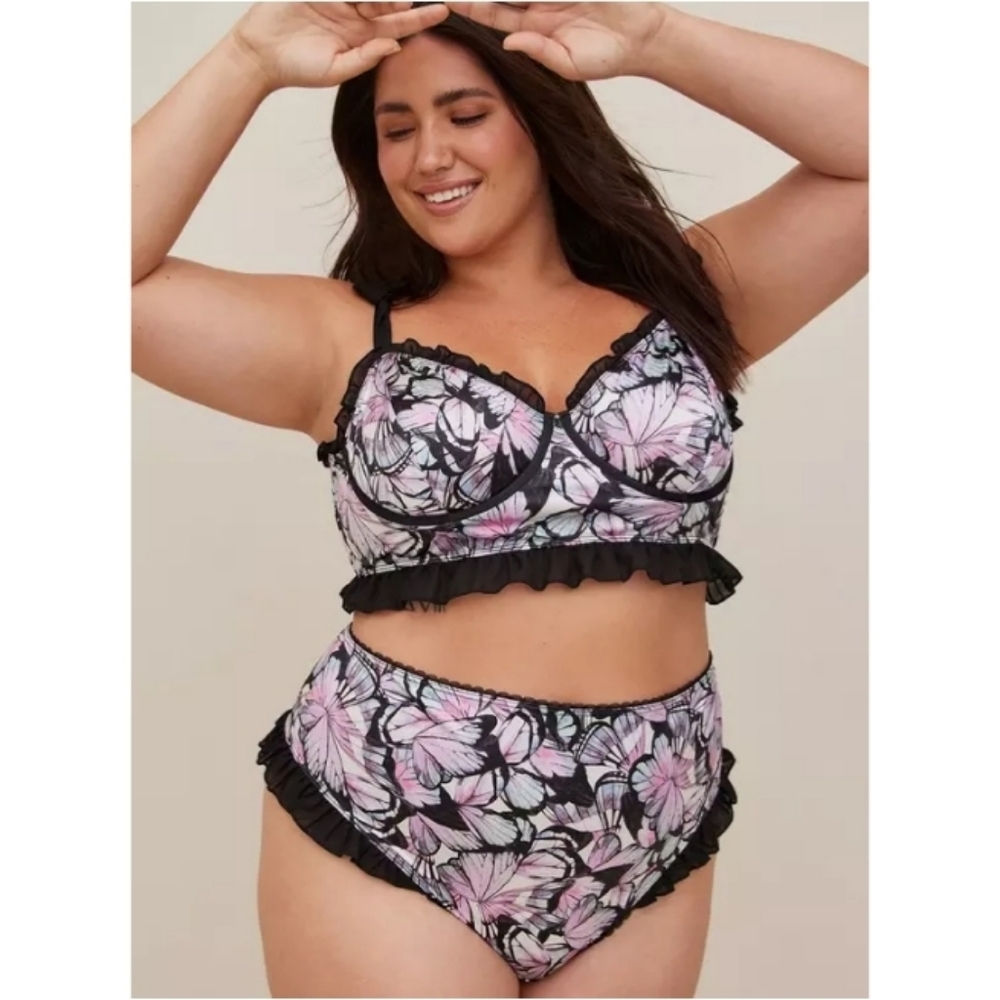 torrid | Satin Ruffle Underwire Bra and Satin Ruffle High-Rise Thong Panty Set - Picture 2 of 10